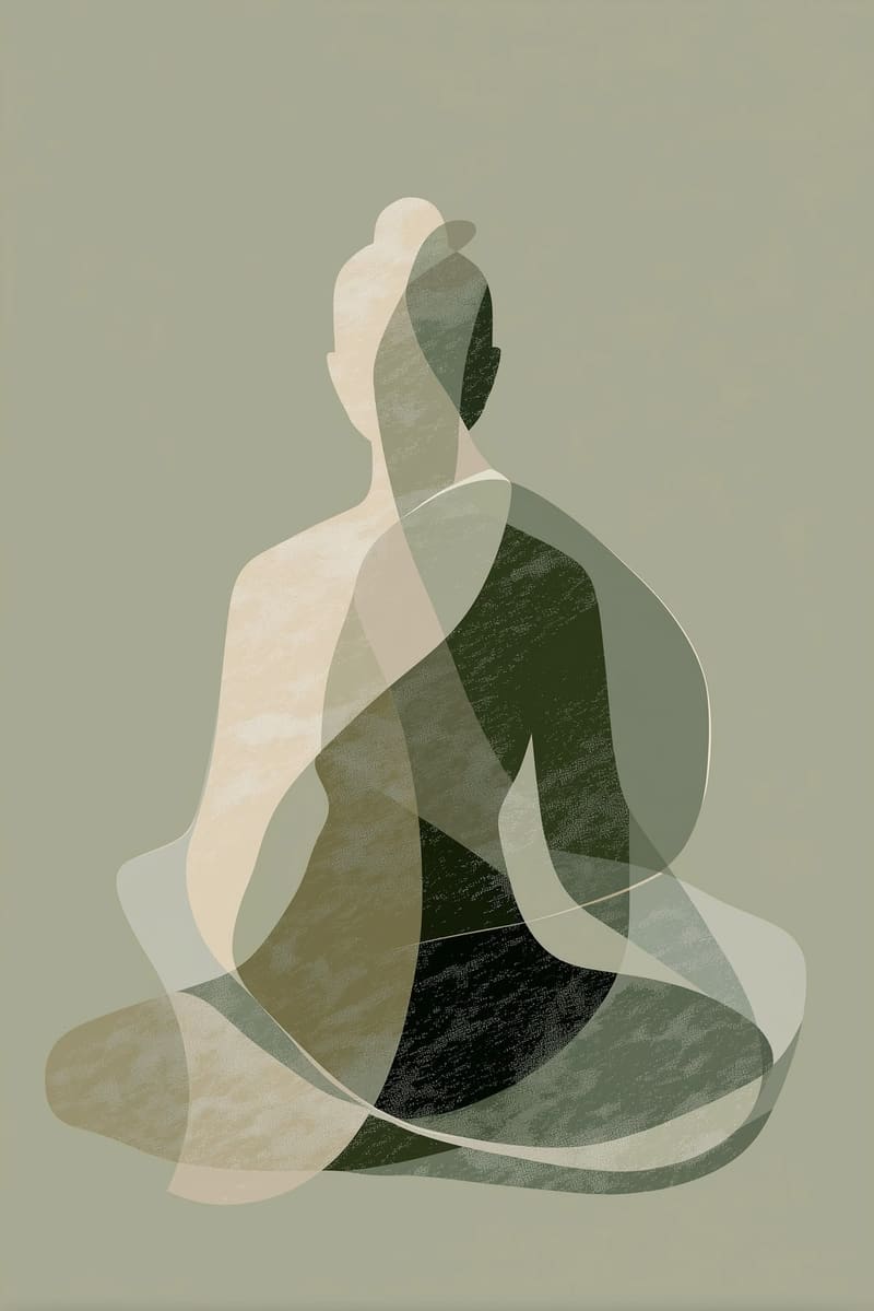 An abstract seated figure in layered sage and ivory shapes