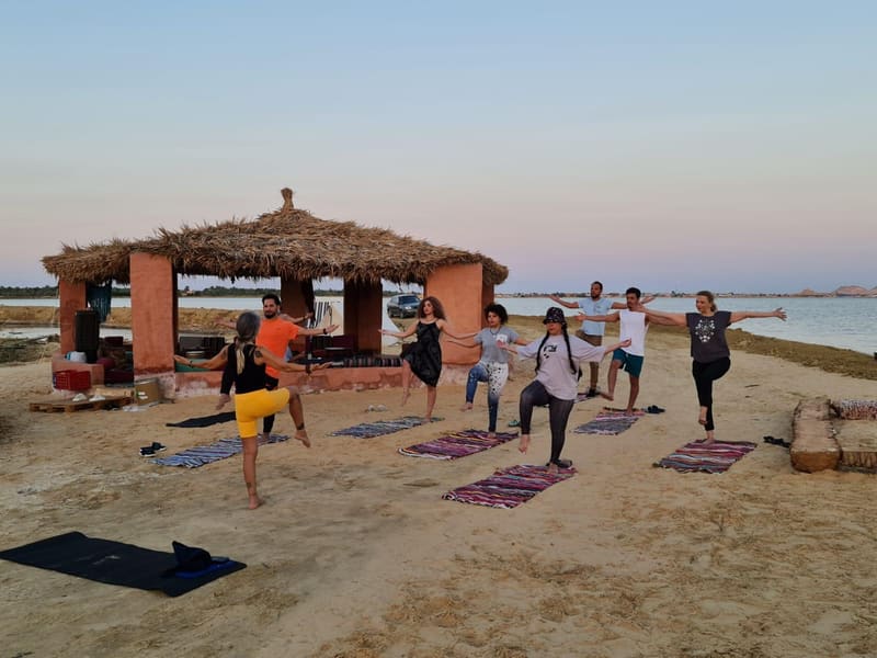A group in tree pose on the sand by the salt lake at dusk, Siwa