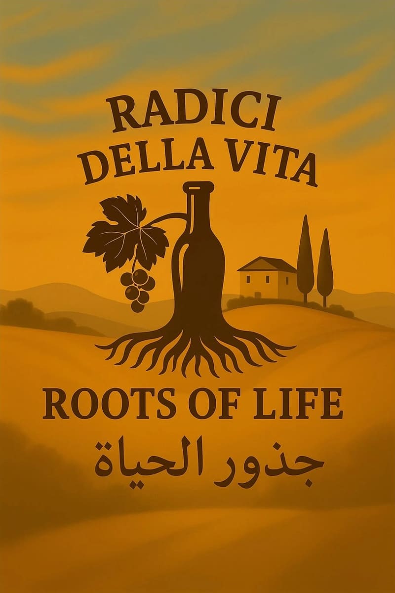 Radici della Vita · Roots of Life logo: a wine bottle rooted like a tree among Tuscan hills